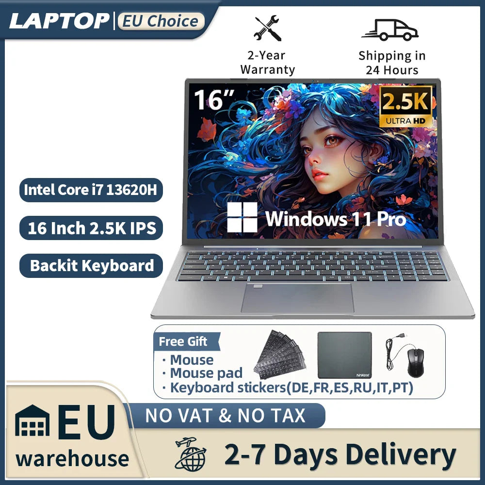 Laptop 16 inch 2.5K 120Hz Intel Core i7-13620H WiFi 6 32GB RAM 1TB SSD Laptop Windows 11 pro Notebook Office Computer