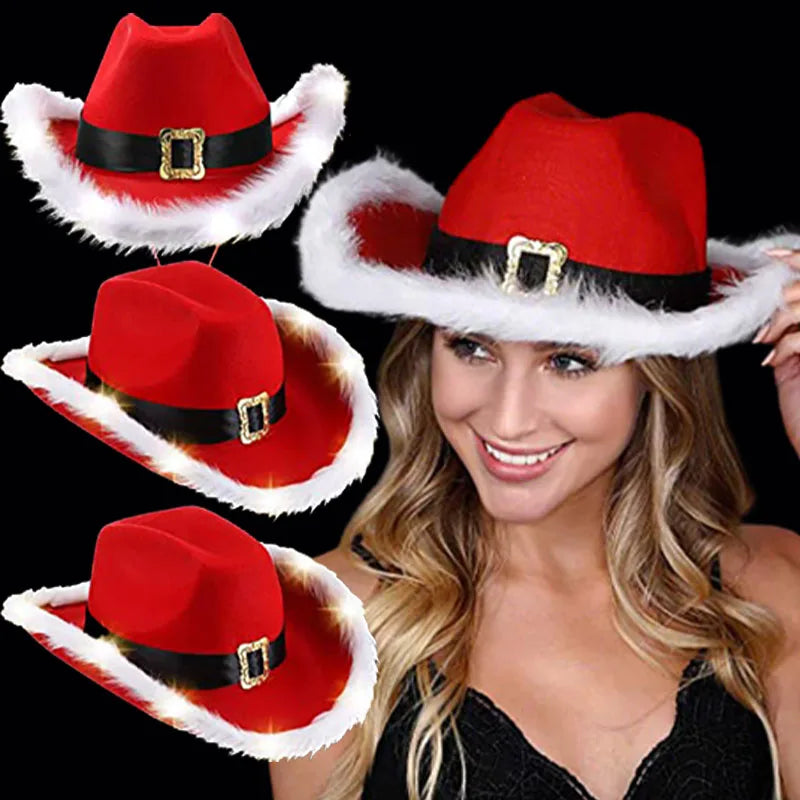 Chapeau de cowboy lumineux de Noël pour fête du Père Noël, chapeaux en feutre rouge occidental, chapeau de cowgirl à large bord, chapeau de jazz pour femmes et hommes