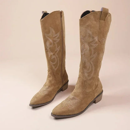 Bottes de Cowboy occidentales brodées pour femmes, bout pointu, talon épais, bottes hautes aux genoux, amples, en cuir PU, longues, automne