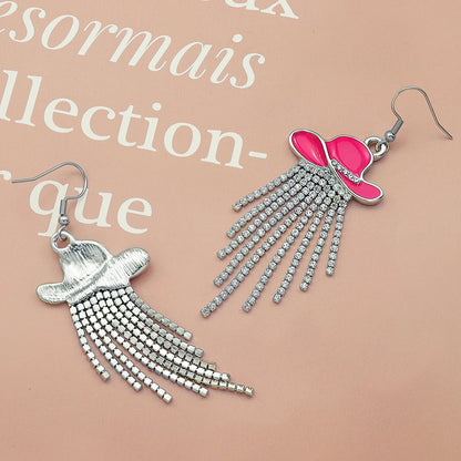 Boucles d'oreilles pendantes de cowgirl de l'Ouest, Chapeau en émail, Pendentif à pompon strass scintillant, Bijoux pour femmes pour bal, concerts country, rodéo, cow-boy
