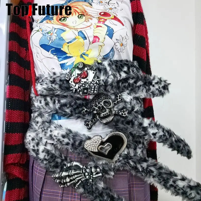 Y2K-Harajuku Western Cowboy Furry Snowleopard Punk Skull Belt, Gift for Women and Men, Girls