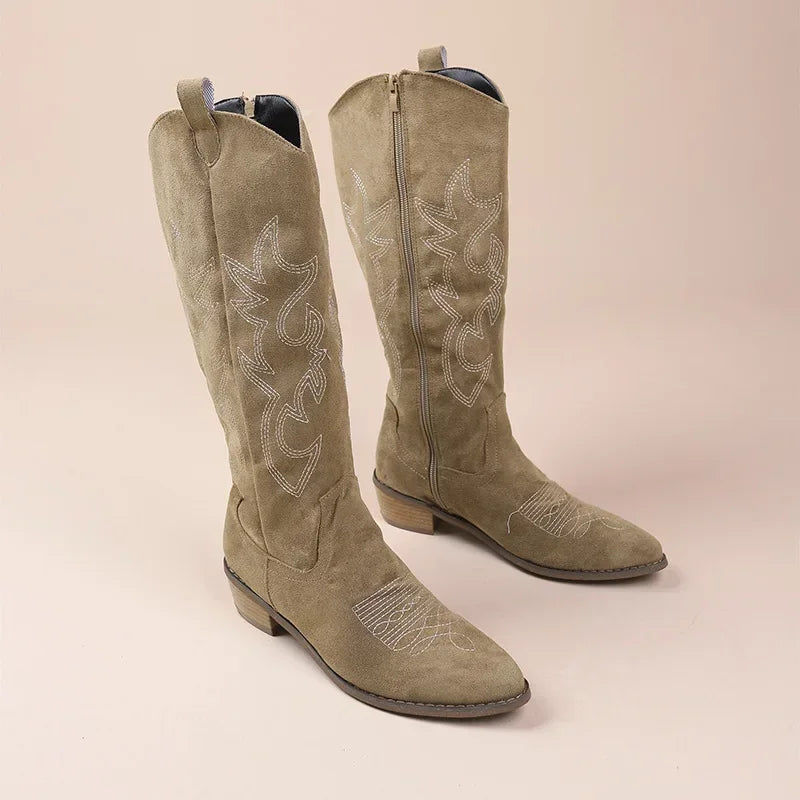 Bottes de cowboy Western brodées pour femmes, bottes hautes à talons épais et bouts pointus, en cuir PU souple, longues, pour l'automne.