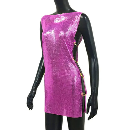 Shiny Y2k Metallic Sequins Mini Dresses For Women Sleeveless Backless Sexy Low Cut See Through Sexy Solid Clubwear Party Dress
