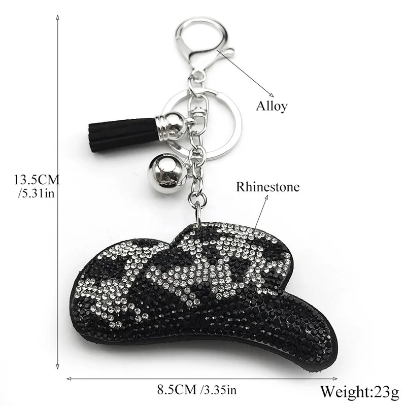 Porte-clés rétro imprimé léopard pour femmes et hommes, chapeau de Cowgirl, pompon noir, strass, breloque pour sac d'homme, porte-clés suspendu, bijoux cadeaux