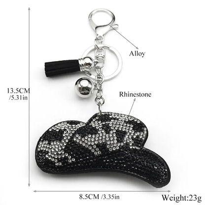 Porte-clés rétro imprimé léopard pour femmes et hommes, chapeau de Cowgirl, pompon noir, strass, breloque pour sac d'homme, porte-clés suspendu, bijoux cadeaux
