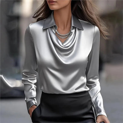Women's Elegant Satin Shirt, Printed Blouse, V-Neck, Long Sleeves, Solid Color, Loose Fit, Casual Top for Office, New Collection