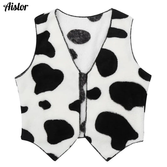 Gilet de Cowboy pour enfants, en flanelle douce, sans manches, ouvert sur le devant, imprimé vache, hauts pour garçons et filles, Costume de fête Rave