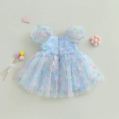 Robe en Tulle à manches bouffantes pour petites filles, tenue de fête d'anniversaire en maille fleur/papillon 3D, vêtements décontractés pour petites filles, robes de princesse