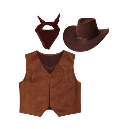 Enfants Garçons Filles Western Cowboy Cowgirl Costume Gilet à Franges en Suède avec Foulard Bandana Chapeau Halloween Carnaval Fête Cosplay Tenues