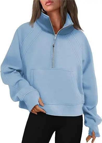Sweat-shirt à col montant pour femme, sweat à capuche pour document solide, manches longues, poche adt, demi-fermeture éclair, pull sportif, haut streetwear, printemps, automne