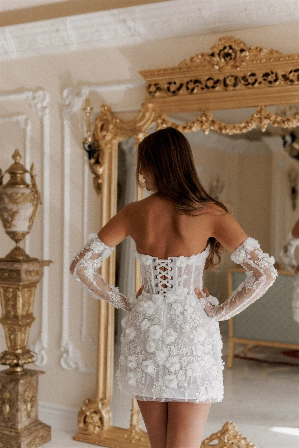 Amanda Customized Bead String Strapless robes de soirée Appliques Thigh-Length Evening Dresses Valentines Day Wedding Dress