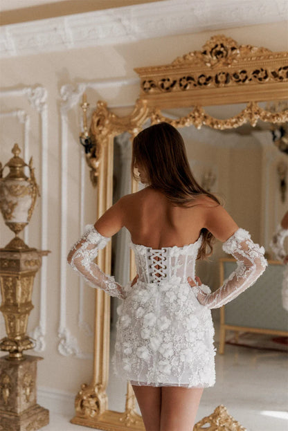 Amanda Customized Bead String Strapless robes de soirée Appliques Thigh-Length Evening Dresses Valentines Day Wedding Dress