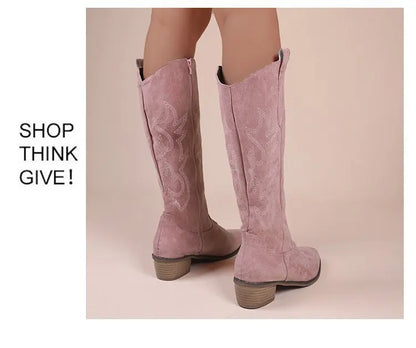 Bottes hautes à talon épais, amincissantes et longues, ne dépassant pas le genou, brodées, style rétro western cowboy, Nouvelle Collection Hiver 2025