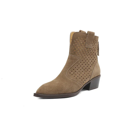 2025 Spring Autumn Chelsea Boots for Woman Cow Suede Pointy Toe Wedge Heel Ankle Boots Cutouts Comfortable Cowboy Boots Female