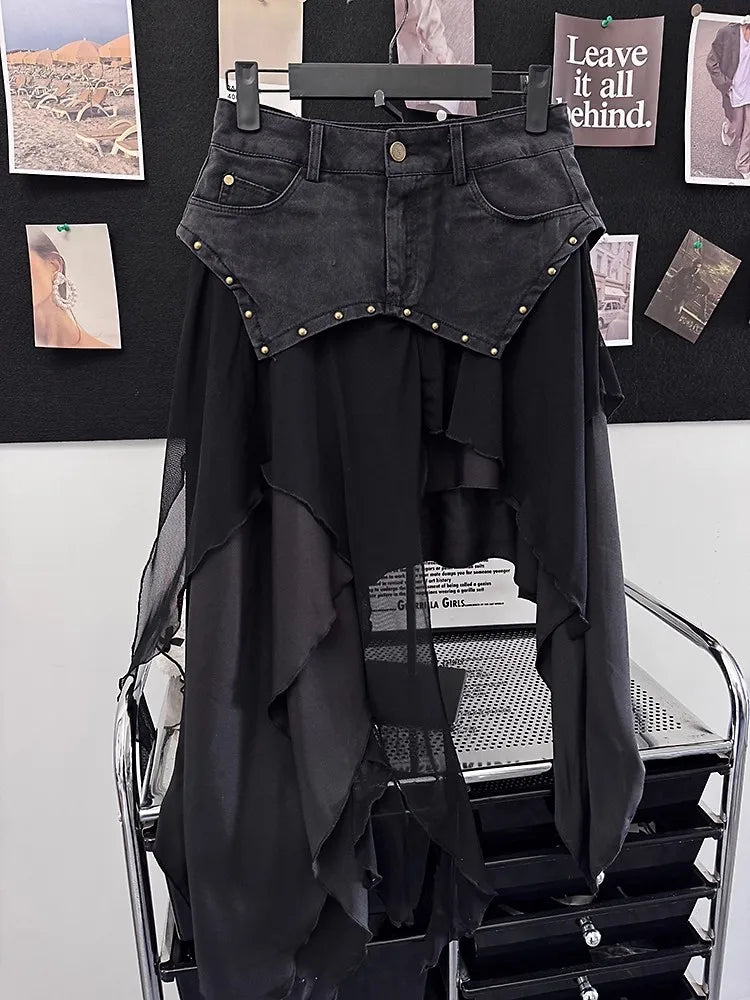 REDDACHiC Cowgirl Tulle point Denim jupe asymétrique Hippie rétro Rivets taille haute à volants jupe longue fluide été femmes vêtements