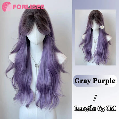 Pink Blonde Highlights Long Wavy Wig Synthetic Colorful Lolita Cosplay Hair Wigs with Bangs for Women Heat Resistant Daily Use