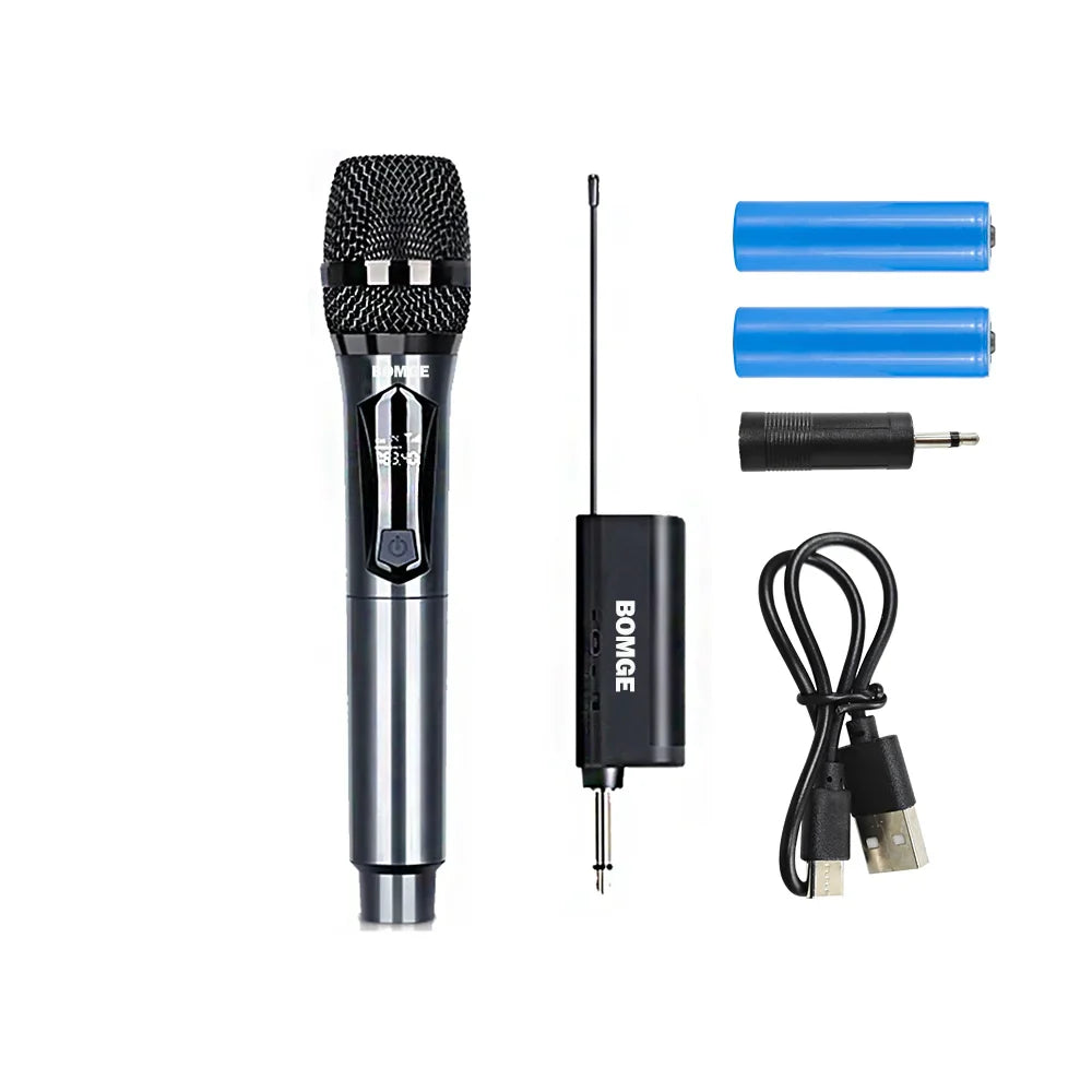 BOMGE Microphone à main sans fil, système de micro dynamique double sans fil avec récepteur Rechargeable 1800MAh pour karaoké