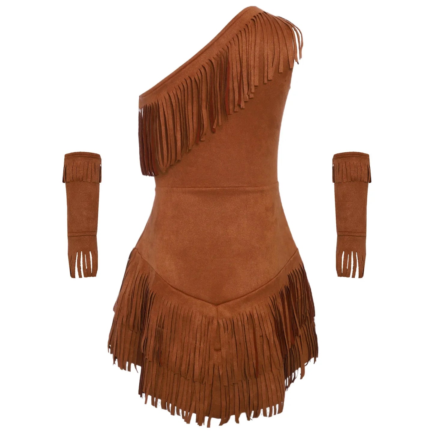 Vintage Western Cowgirl Cosplay Costume, Halloween Theme Party Outfits, Fringed Suede Dress with Fringed Sleeves