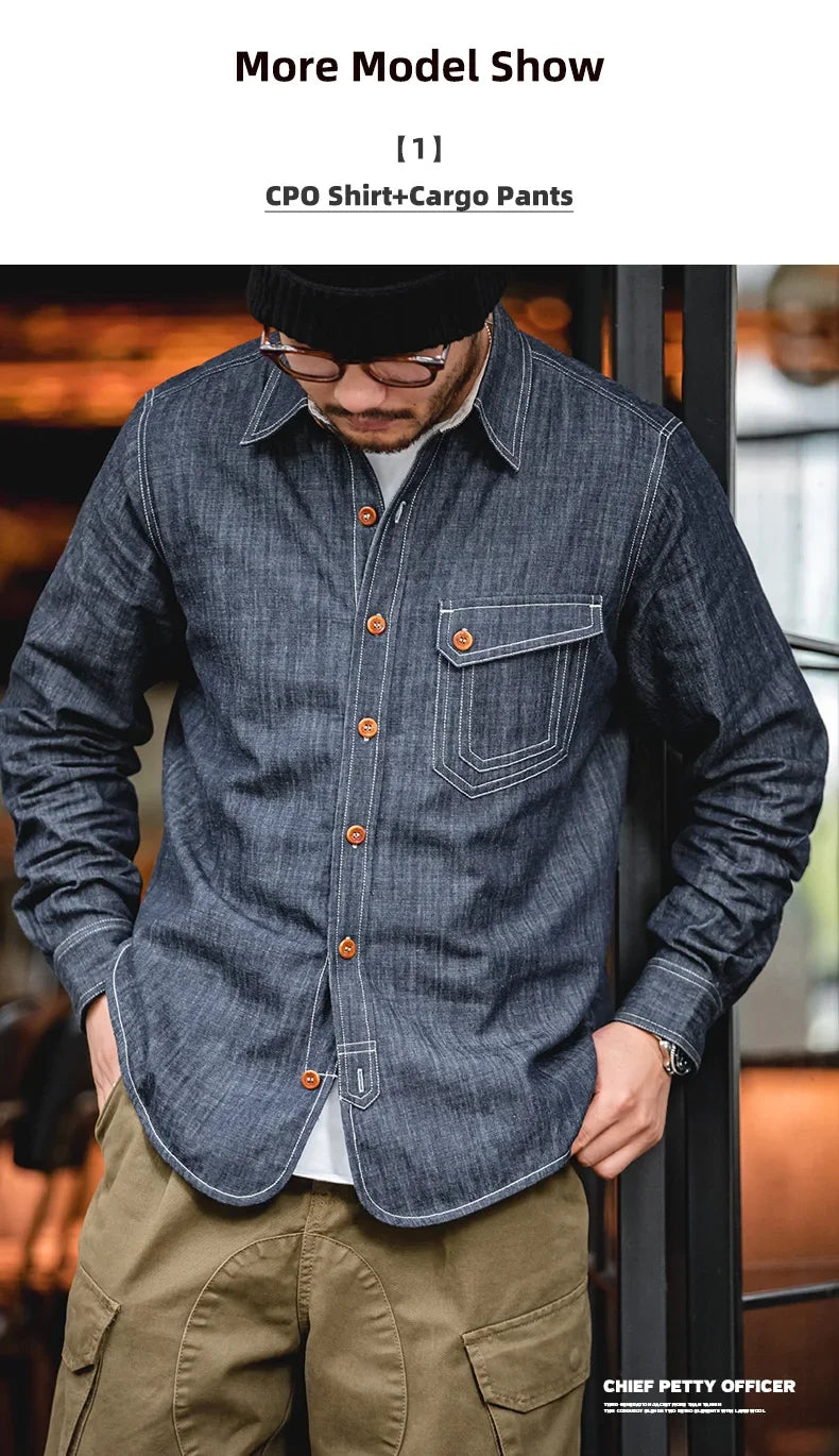 Maden Men Vintage Long Sleeve Western Cowboy Denim Shirt Outerwear Tough Guy Shirt Men's Cotton Casual Shirt XXL XXXL