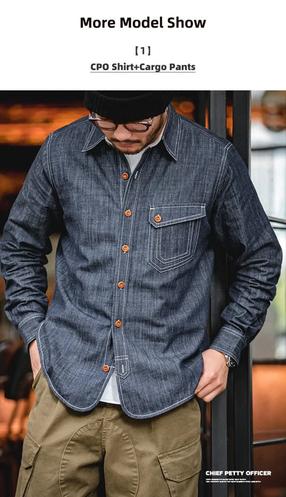Maden Men Vintage Long Sleeve Western Cowboy Denim Shirt Outerwear Tough Guy Shirt Men's Cotton Casual Shirt XXL XXXL
