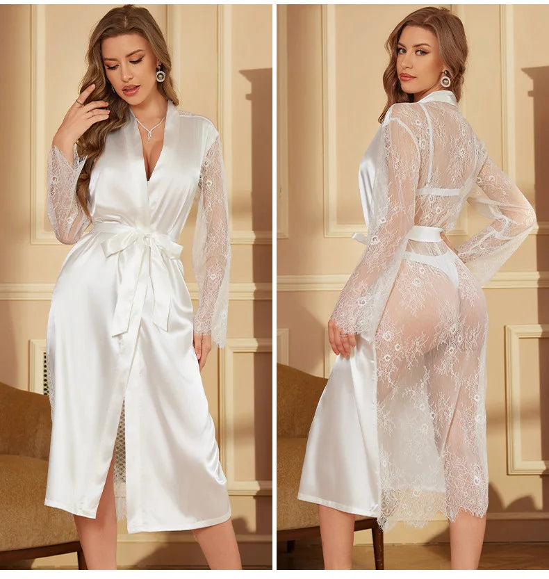Nouvelle Robe Longue Femme Tenue de Détente Sexy Tentation Perspective Dentelle Peignoir Kimono Soie Satinée Chemise de Nuit Robe de Chambre