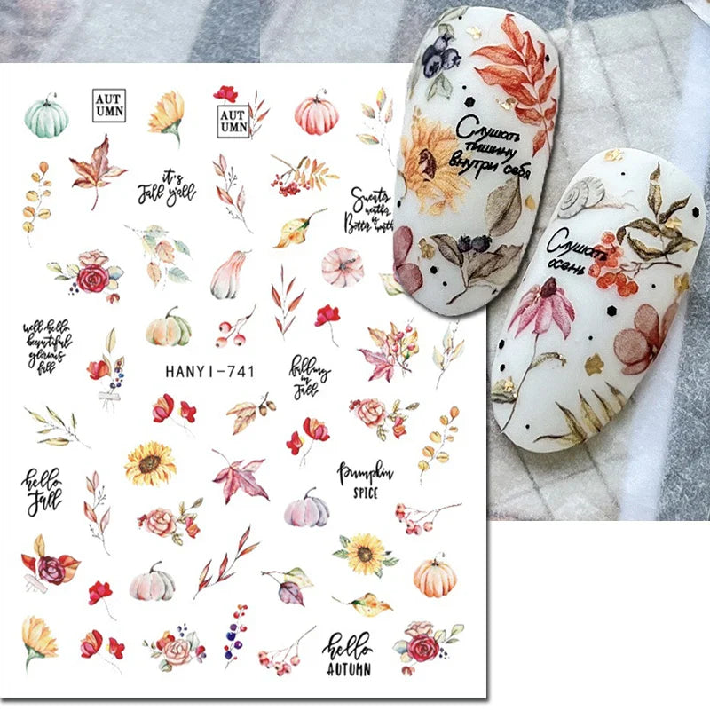 3d Nail Art Stickers Winter Autumn Golden Leaves Red Roses Flowers Decals For Nails Decoration Manicure Salon Beauty