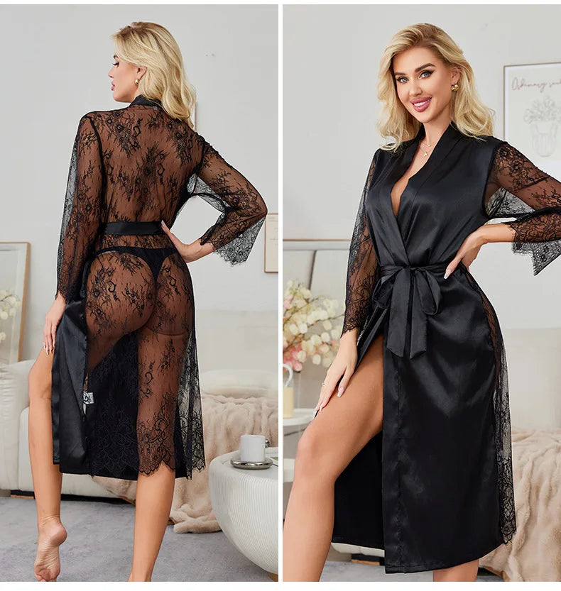 Nouvelle Robe Longue Femme Tenue de Détente Sexy Tentation Perspective Dentelle Peignoir Kimono Soie Satinée Chemise de Nuit Robe de Chambre