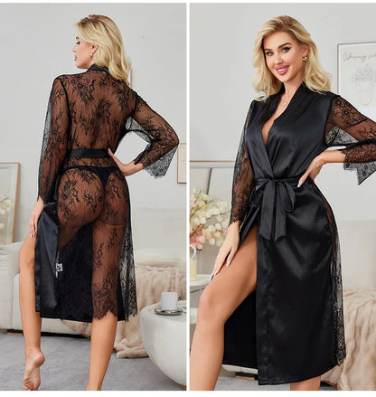 Nouvelle Robe Longue Femme Tenue de Détente Sexy Tentation Perspective Dentelle Peignoir Kimono Soie Satinée Chemise de Nuit Robe de Chambre