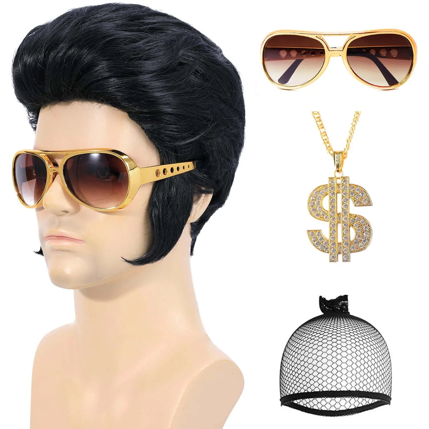 Perruque Synthétique Légendaire Rock Années 50 60 pour Hommes Perruque Elvis Perruque de Chanteur Rocker des Années 1950 avec Accessoires pour Cosplay Fête d'Halloween