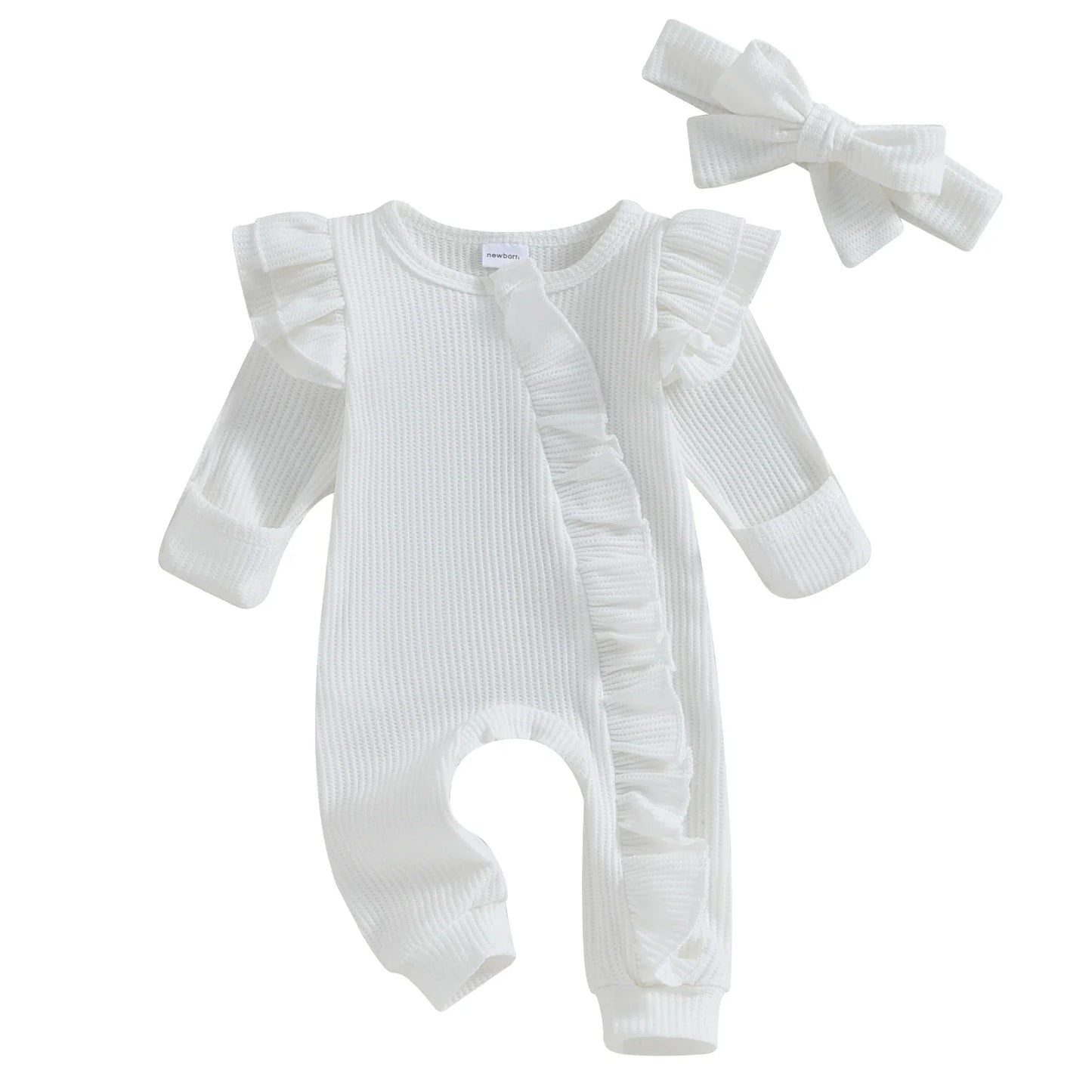 FOCUSNORM 0-12M Autumn Infant Baby Girls Boys Jumpsuit 2pcs Solid Color Round Neck Ruffles Long Flying Sleeve Zipper Jumpsuits