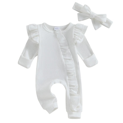 FOCUSNORM 0-12M Autumn Infant Baby Girls Boys Jumpsuit 2pcs Solid Color Round Neck Ruffles Long Flying Sleeve Zipper Jumpsuits
