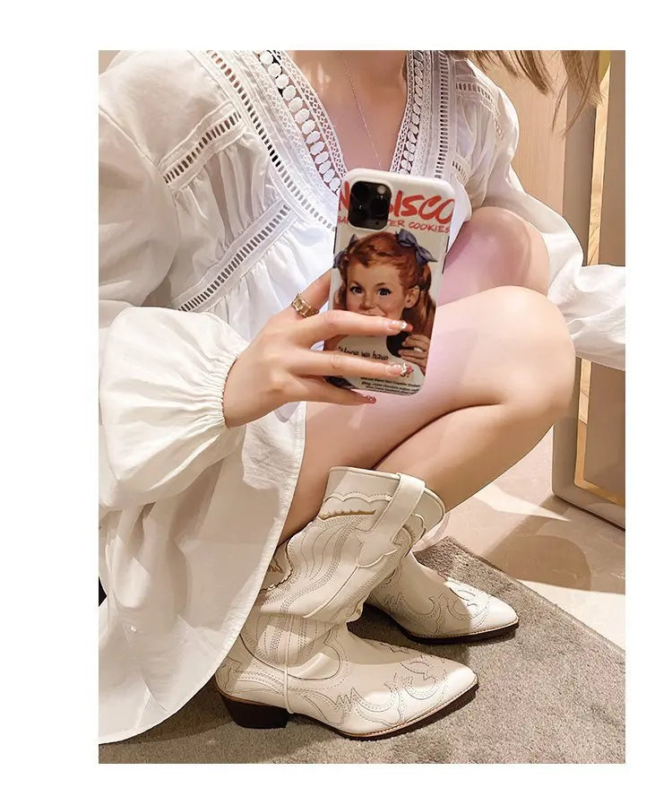 Autumn Embroidered Western Cowboy Boots new Square Heels Pointed shoes Casual fashion long boots Comfortable waterproof shoes