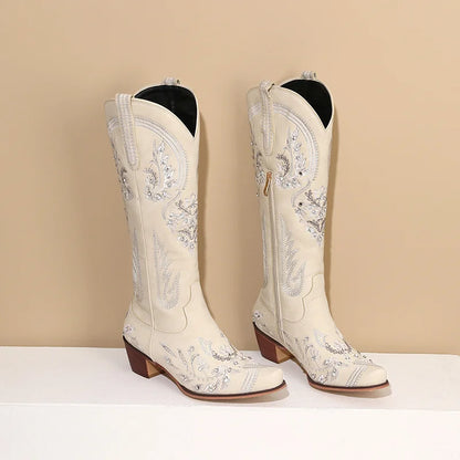 Bottes de cowboy occidentales au genou pour femmes, broderie de fleurs, biscuits, blanc, marron, rond, Parker, talons hauts, rétro, bottes longues de cowgirl