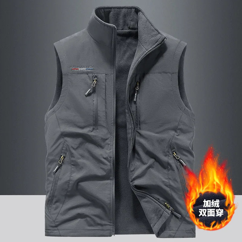 Men Autumn Fleece Outdoor Vest 4XL Utility Tactical Multi-pocket Techwear Outdoor Hiking Fishing Photography Safari Cargo Vest