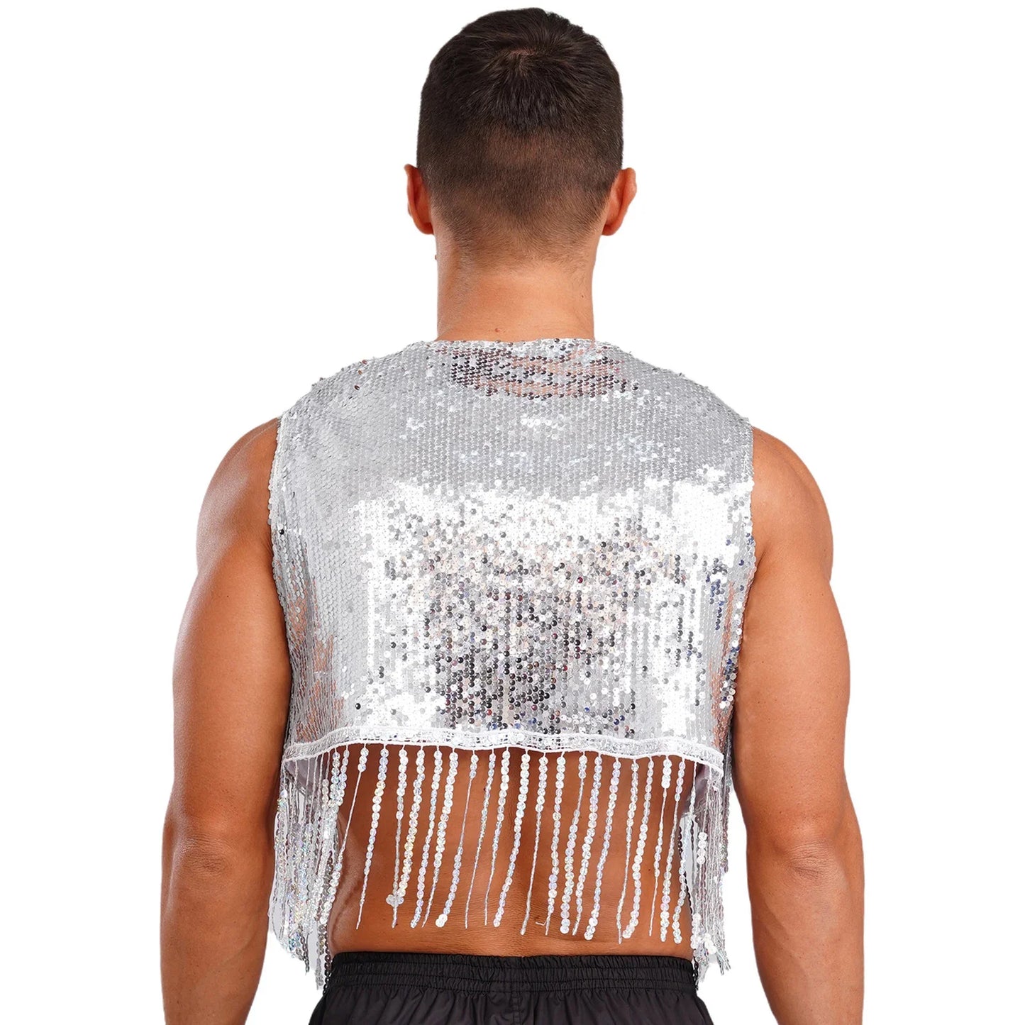 Mens Cowboy Western Costume Shiny Vintage 70s Disco Costumes Fringe Sequin Waistcoat Sleeveless Open Front Cropped Vest Cardigan