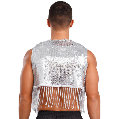 Mens Cowboy Western Costume Shiny Vintage 70s Disco Costumes Fringe Sequin Waistcoat Sleeveless Open Front Cropped Vest Cardigan