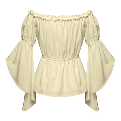 Women's Renaissance Ruffle Blouses, Ruched Sleeve Pleated Blouse, Off Shoulder Boat Neck Medieval Shirt, Victorian Shirt