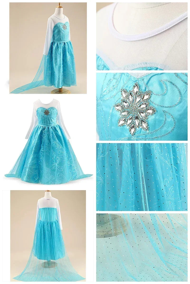 Elsa Dresses for Girls Princess Party Elsa Costume Snow Queen 2 Cosplay Elza Vestidos Hair Accessory Set Halloween Girls Clothes