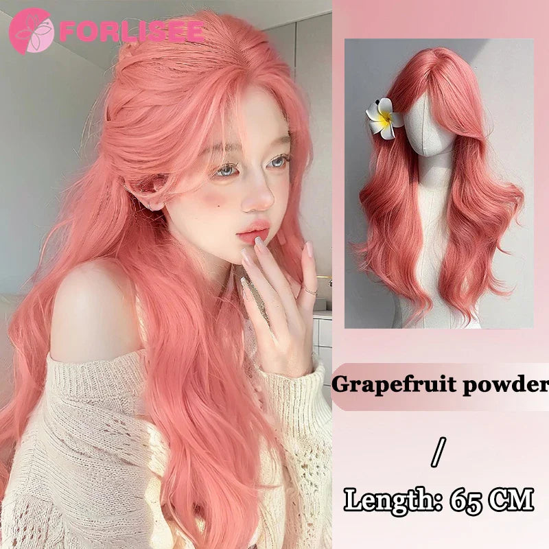 Pink Blonde Highlights Long Wavy Wig Synthetic Colorful Lolita Cosplay Hair Wigs with Bangs for Women Heat Resistant Daily Use