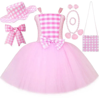 Costume Barbie La Movie pour filles Margot Robbie Robe tutu en tulle à carreaux rose Vêtements de déguisement de princesse pour enfants pour Halloween et fêtes d'anniversaire