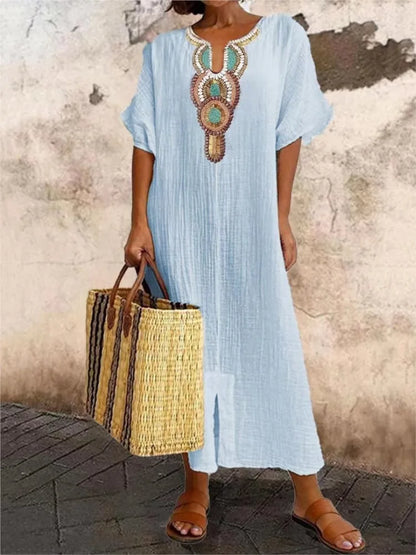 Embroidered Fashion O-Neck Short Sleeve Women Dresses Summer New Casual Unique Slit Dress Elegant Female Vacation Dress Robe