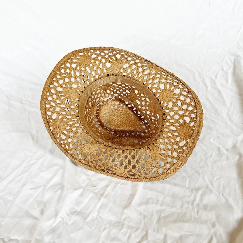 Ethnic Style Western Cowboy Straw Hats Women Handmade Hollowed Sun Hats Shapeable Beach Hat Panama with Detachable Chin Strap