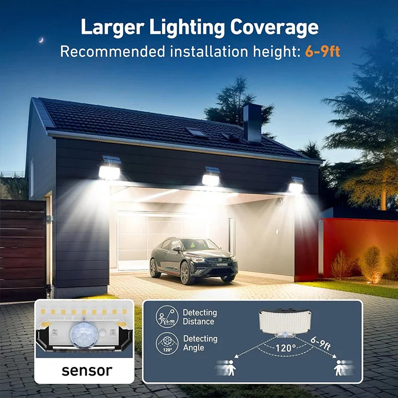 Lumière solaire extérieure Super lumineuse capteur de mouvement solaire forte puissance LED applique murale de jardin IP65 étanche 3 modes de fonctionnement