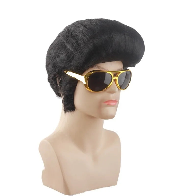 Rock and Roll Elvis Presley Cosplay Wig Daily Wear Melt Fibers Masquerade Party Stage Performance Black Short Hair