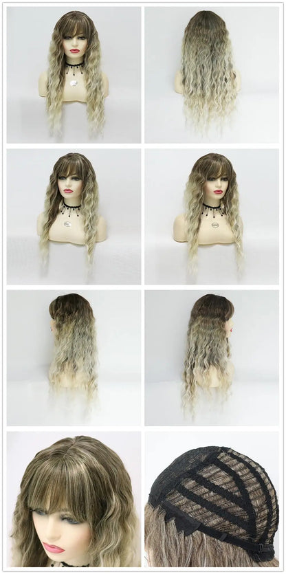 Perruque blonde bouclée cheveux synthétiques longs naturels perruques ondulées pour femmes blanches, raie libre, racines foncées, perruques ombrées, perruque ondulée tendance + autocollants