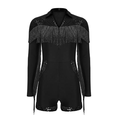 Womens Sequins Western Cowgirl Cosplay Costume Tassel Fringe Boyshorts Rompers 70s 80s Disco Bodysuit Front Zip Playsuit