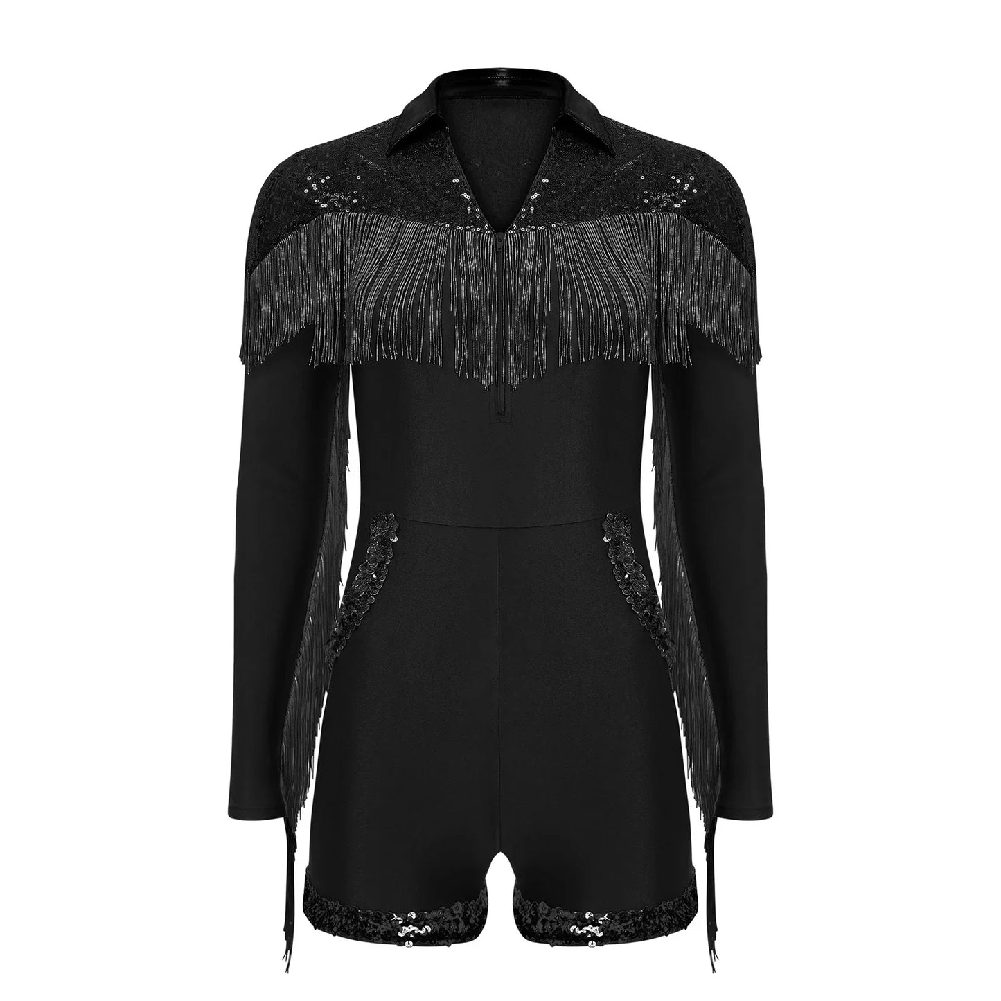 Womens Halloween Western Cowgirl Playsuit Sparkly Cosplay Costume 70s 80s Disco Bodysuit Tassel Fringe Sequins Boyshorts Rompers