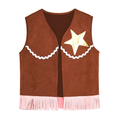 Déguisement de cow-boy/cow-girl western d'Halloween pour filles, gilet à franges étoiles et pantalon évasé imprimé vache, tenues de carnaval