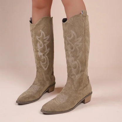 Bottes de Cowboy occidentales brodées pour femmes, bout pointu, talon épais, bottes hautes aux genoux, amples, en cuir PU, longues, automne