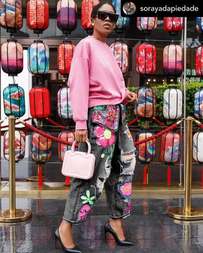 FAGADOER Jean ample à imprimé et couture diamant avec trous pour femme, taille haute, bouton, poche, en denim, pantalon décontracté, streetwear féminin